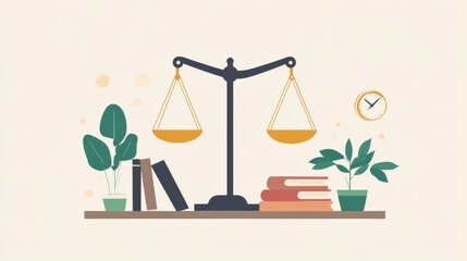Flat Illustration Of A Balanced Scale With Books And Plants Around It On A Shelf, Symbolizing Justice And Knowledge.