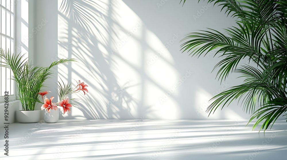 Leinwandbilder Abstract white studio background for product presentation Empty room with shadows of window and flowers and palm leaves  3d room with copy space Summer concert Blurred backdrop Banner : Generative AI