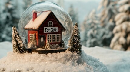 A Miniature House In A Snow Globe Labeled 'For Sale' Amid A Snowy Pine Forest Indicating A Holiday Concept