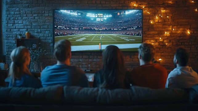 Live stream game Group of friends sitting in front of huge 3D model of TV screen at home interior and watching online broadcast of american football match Presence effect : Generative AI