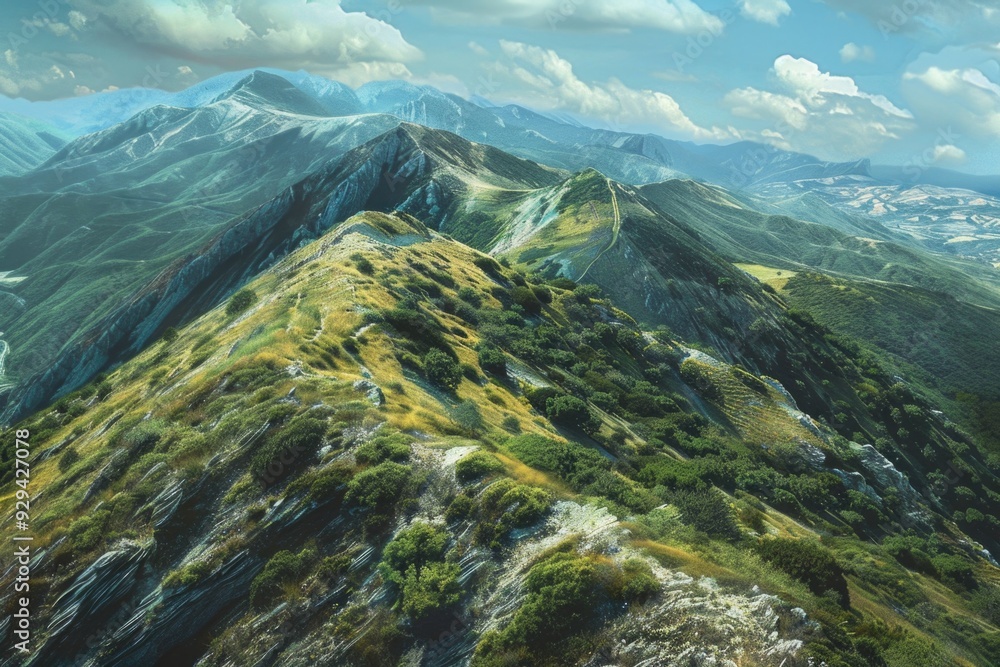 Poster mountain range with valley in the background, suitable for use in travel or nature-related projects