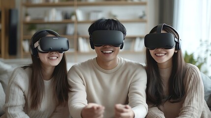 Young asian man and two young biracial women enjoy virtual reality at home they are immersed in a vr experience in a modern living room setting : Generative AI