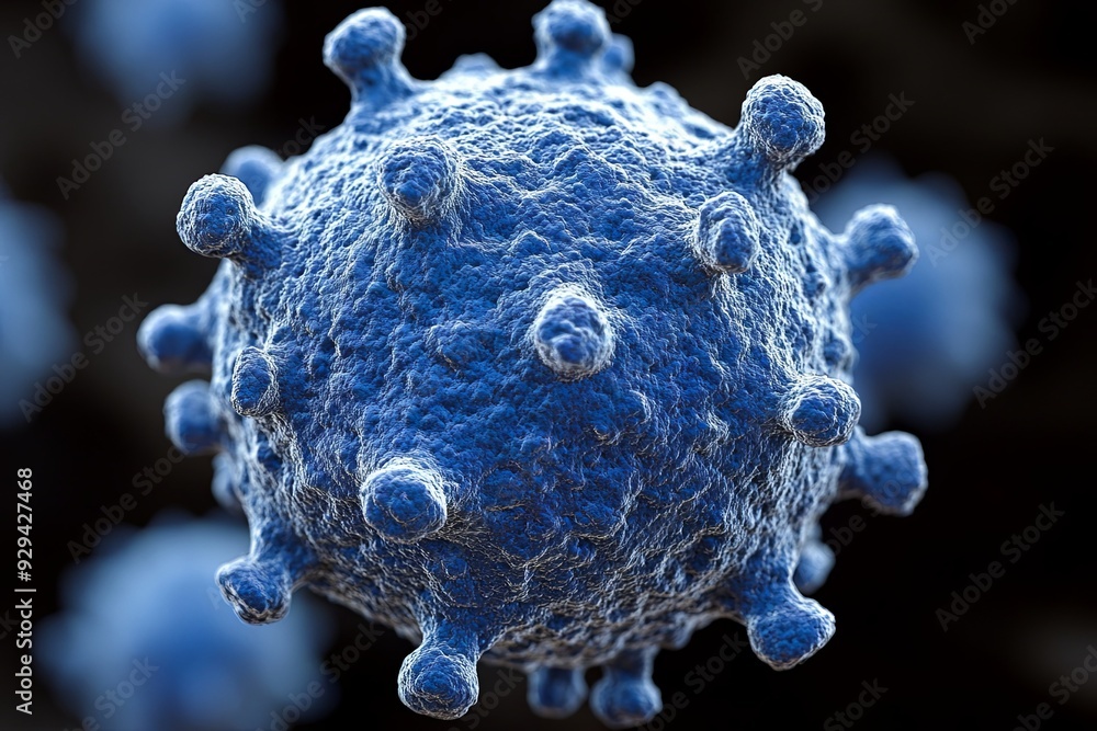 Poster a detailed depiction of a virus particle showcasing its structure and surface features. generative a