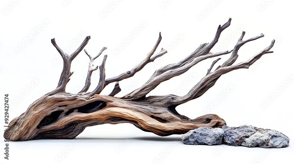 Poster piece branches of driftwood for aquarium design and decor isolated on white background with clipping