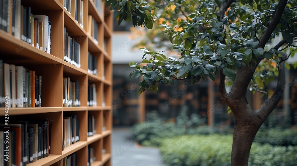 Poster Wooden tree with books on blur background of library with bookshelf Flawless : Generative AI