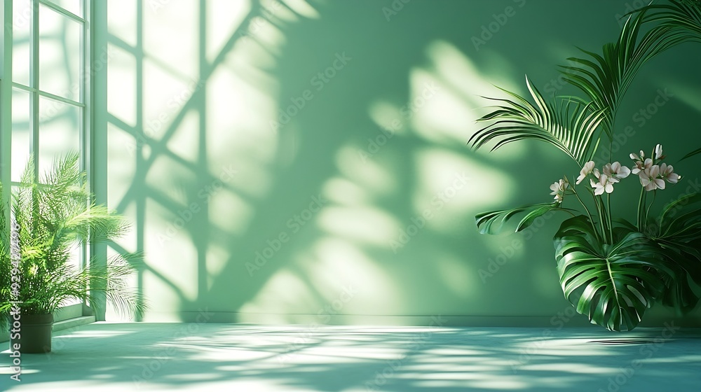 Aufkleber Abstract gradient green studio background for product presentation Empty room with shadows of window and flowers and palm leaves  3d room with copy space Summer concert Blurred backdro : Generative AI