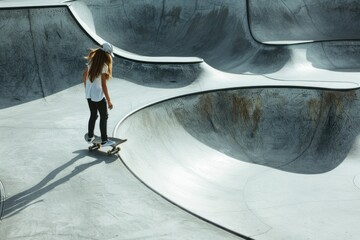 A woman rides a skateboard on top of a ramp, capturing a moment of action and freedom