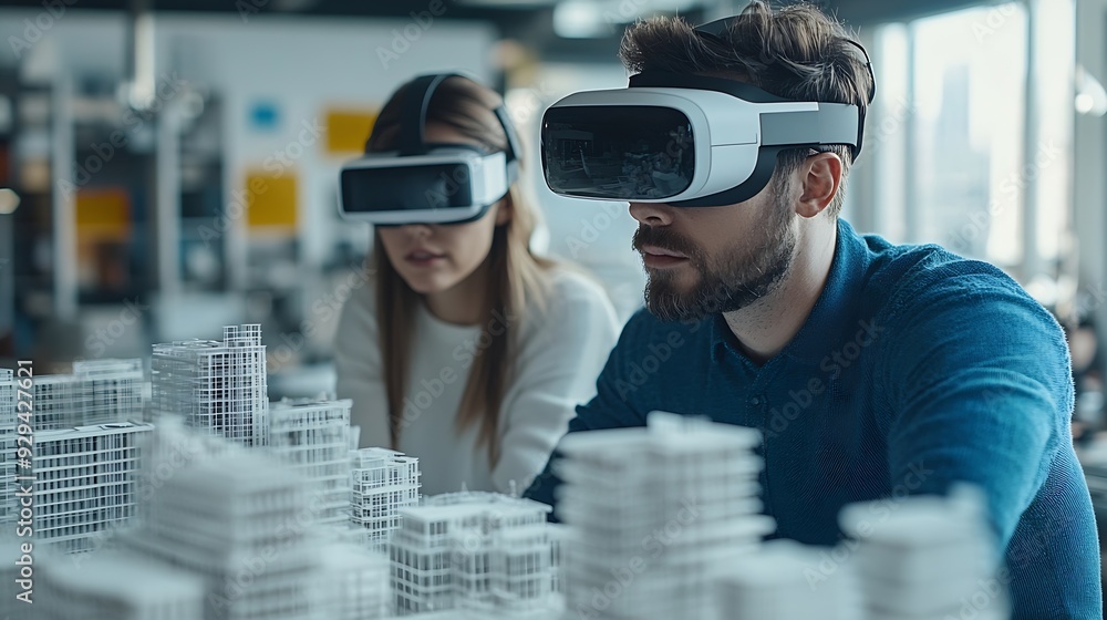 Aufkleber Technology futuristic virtual reality design Team Architect or Engineer designer wearing VR headset for BIM technology working together design 3D model building in office : Generative AI
