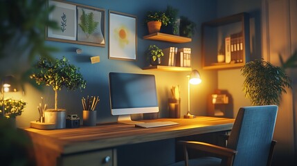 Small and stylish study area with wooden desk nice chair decorations modern lamps and shelf : Generative AI