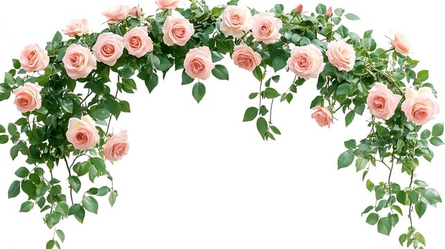 Pink rose flowers with green leaves in an arch floral arrangement  isolated on white background : Generative AI