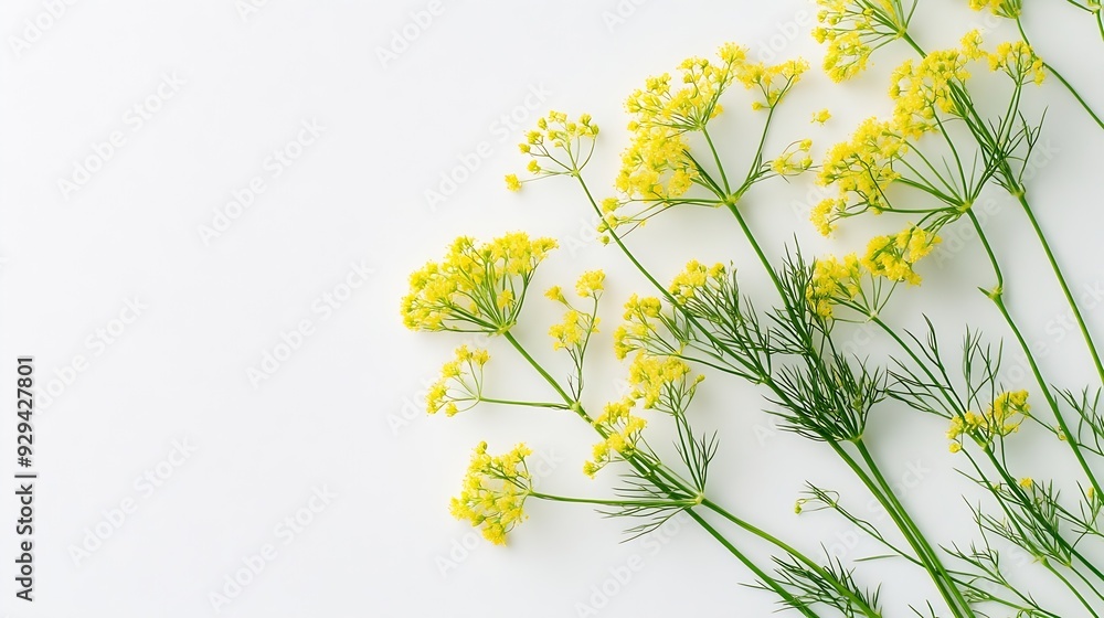 Poster flowering umbrella flowers of dill on a white background top view flat lay creative layout : generat
