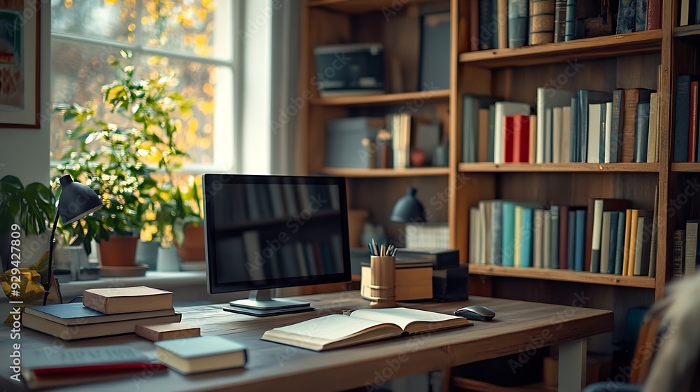 Poster shelf unit with books and stylish workplace in home library : generative ai