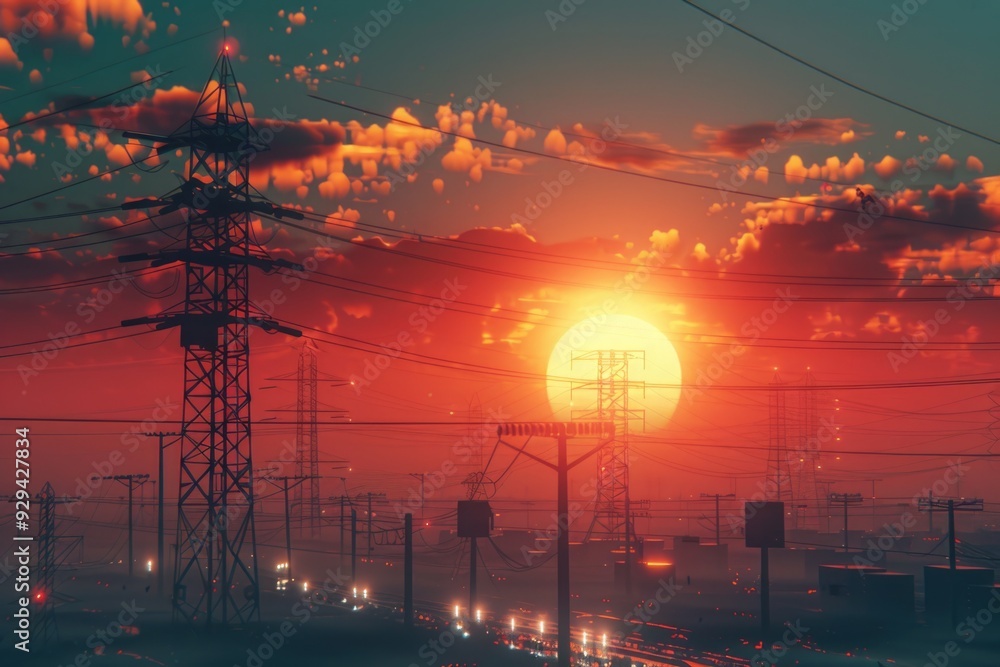 Poster A cityscape at sunset with power lines and buildings in the background