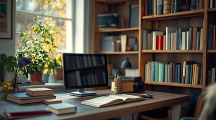Shelf unit with books and stylish workplace in home library : Generative AI
