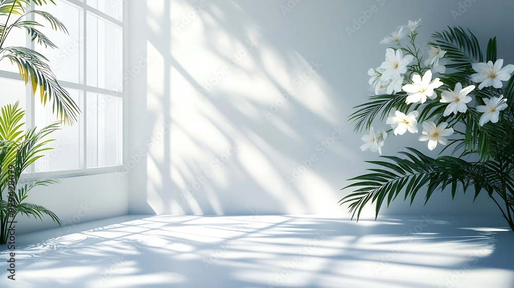 Fototapete Abstract white studio background for product presentation Empty room with shadows of window and flowers and palm leaves  3d room with copy space Summer concert Blurred backdrop : Generative AI