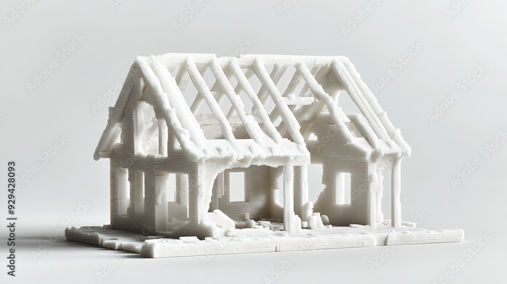 Poster Decomposed house parts floor and roof 3D model printed on a 3D printer with white filament by FDM technology for architectural use : Generative AI