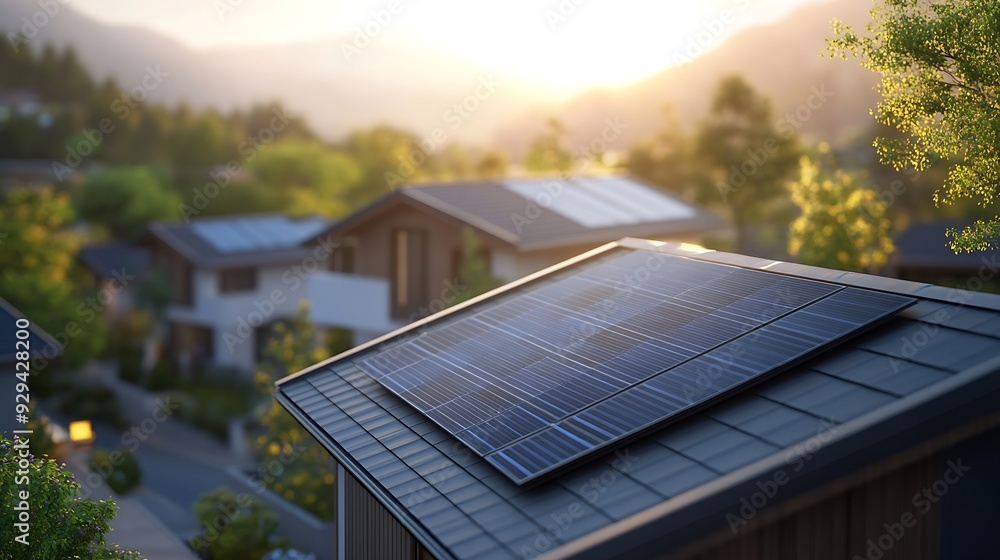 Aufkleber solar panels on the roof of the modern house3d rendering : generative ai