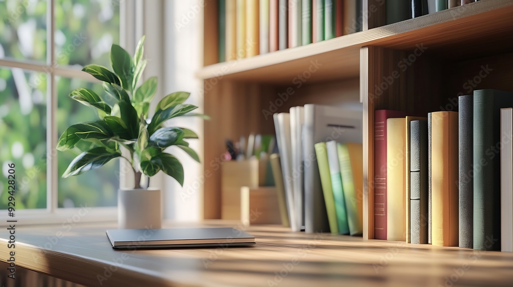 Poster shelf unit with books and stylish workplace in home library : generative ai