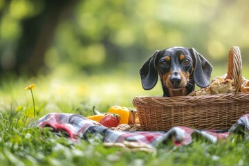 A Dachshund peeking out of a picnic basket in a sunny meadow, with a checkered blanket and food items laid out nearby. copy space , ai