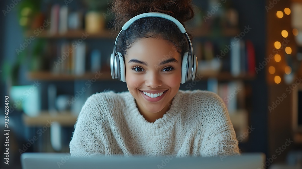 Poster smiling multiracial millennial female student in headphones sitting at the desk watching webinar and
