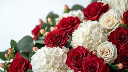 Autumn bouquet of red and white roses hydrangeas chrysanthemums isolated on a white background : Generative AI