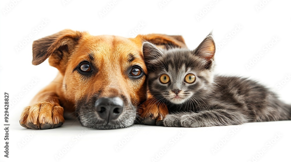 Poster portrait of funny dog breed jagdterrier and cheerful kitten scottish straight licks together isolate