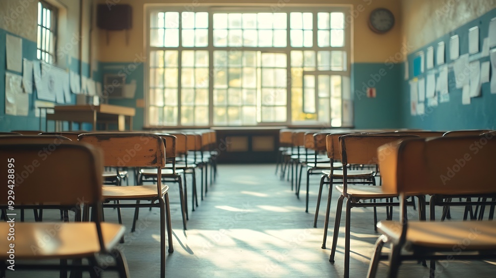 Poster empty classroom with chairs and tables in a school hall : generative ai