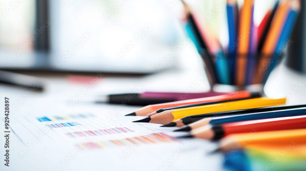 Poster close-up of colorful pencils scattered on a desk next to charts and graphs, representing creativity 