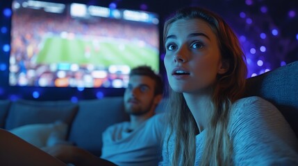 Obraz premium Astonished young people emotional friends watching football match sport show Youth sitting on sofa in front of huge 3D model of tv screen Concept of sport leisure activities betting ad : Generative AI