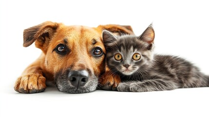 Portrait of funny dog breed Jagdterrier and cheerful kitten Scottish Straight licks together isolated on white background : Generative AI