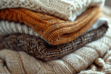 A collection of sweaters piled high, perfect for storing or displaying