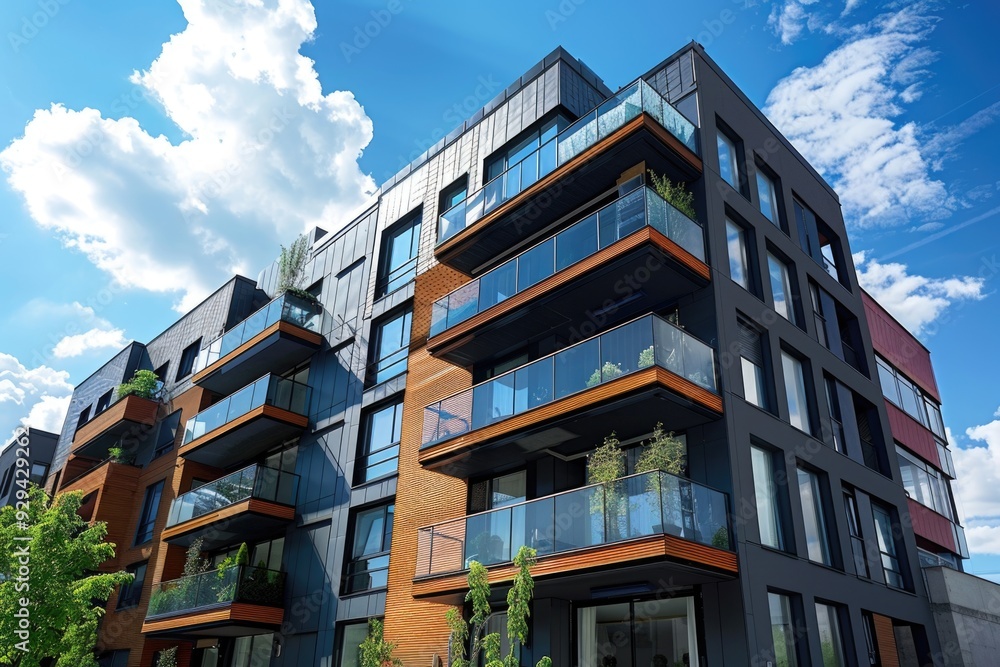 Poster tall building with multiple windows and outdoor spaces