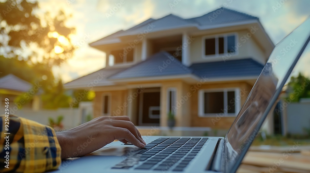 Poster Engineers are typing on a laptop keyboard to review the design of the house before editing it and sending it to customers Home design ideas by expert engineers for quality and correct  : Generative AI