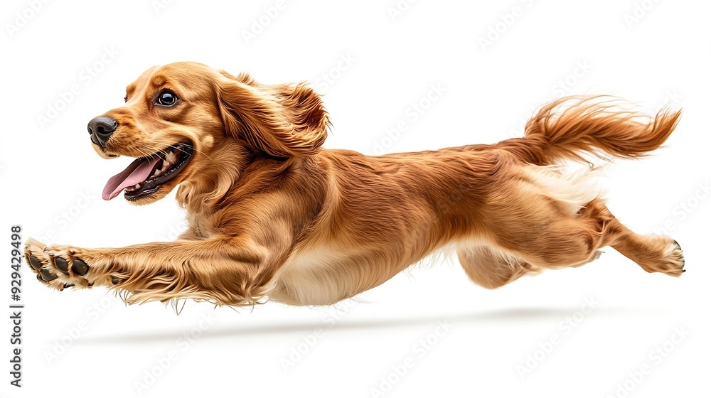 Poster active pet purebred dog english cocker spaniel in motion playing running isolated on white backgroun