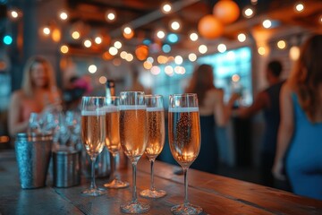 festive office party scene with modern decor twinkling lights and champagne flutes blurred figures mingling colorful streamers and celebratory atmosphere