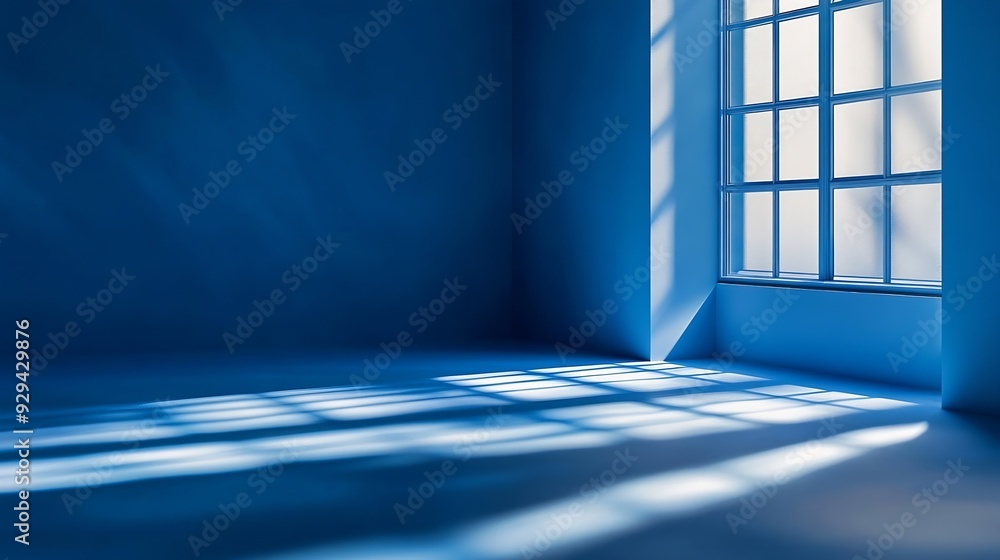 Poster Abstract blue studio background for product presentation Empty room with shadows of window 3d room with copy space Blurred backdrop : Generative AI