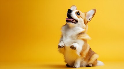 Pembroke welsh corgi dog sitting on hind legs and begging something looking at free space isolated on yellow background side view : Generative AI