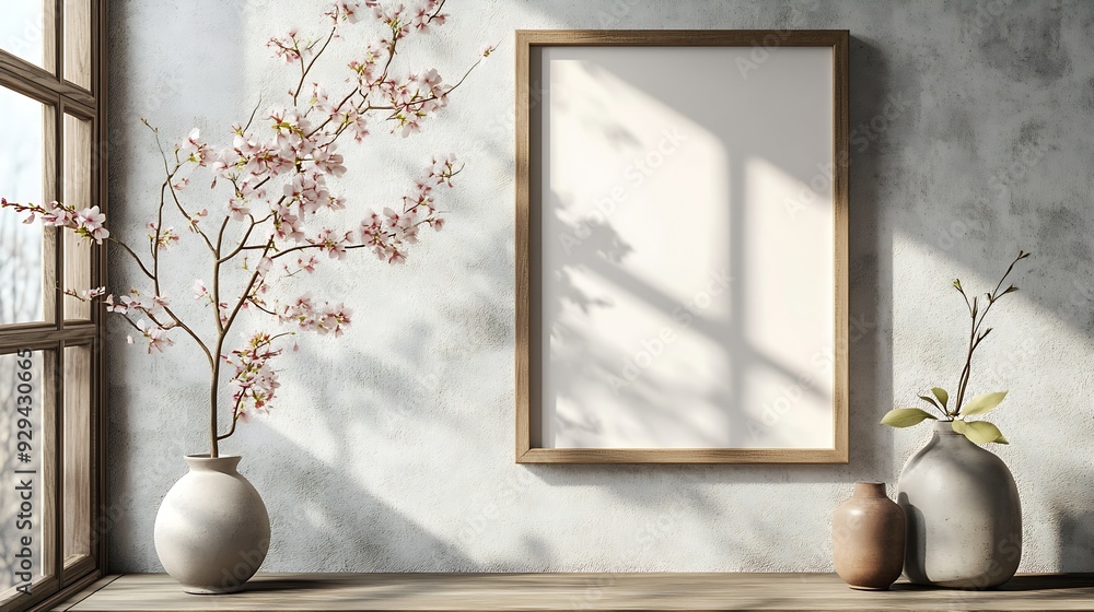 Aufkleber interior poster mock up with horizontal empty wooden framescandinavian style3d rendering : generativ