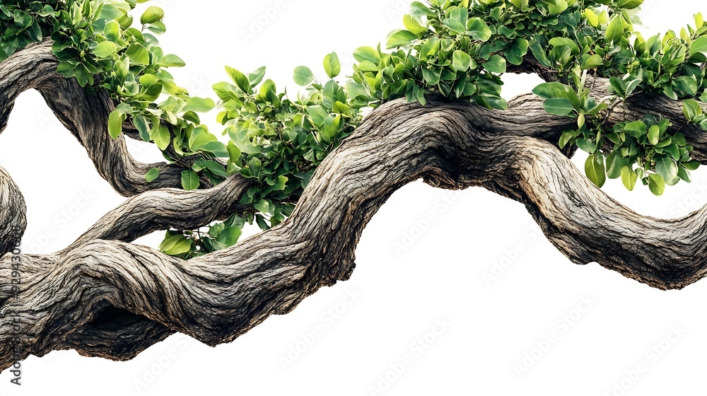 Poster forest tree trunks with climbing vines twisted liana plant and green leaves isolated on white backgr