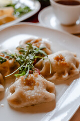 Fried dumplings with sauce and herbs on a white plate.