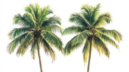 Vibrant foliage two big tree Coconut isolated on white background Evergreen palm tree for design Tropical colorful exotic lush plant Green leaf garden decor Forest wood summer beach se : Generative AI