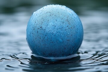 A blue sphere floats on calm water, surrounded by delicate ripples and soft light reflecting off the surface. Generative AI