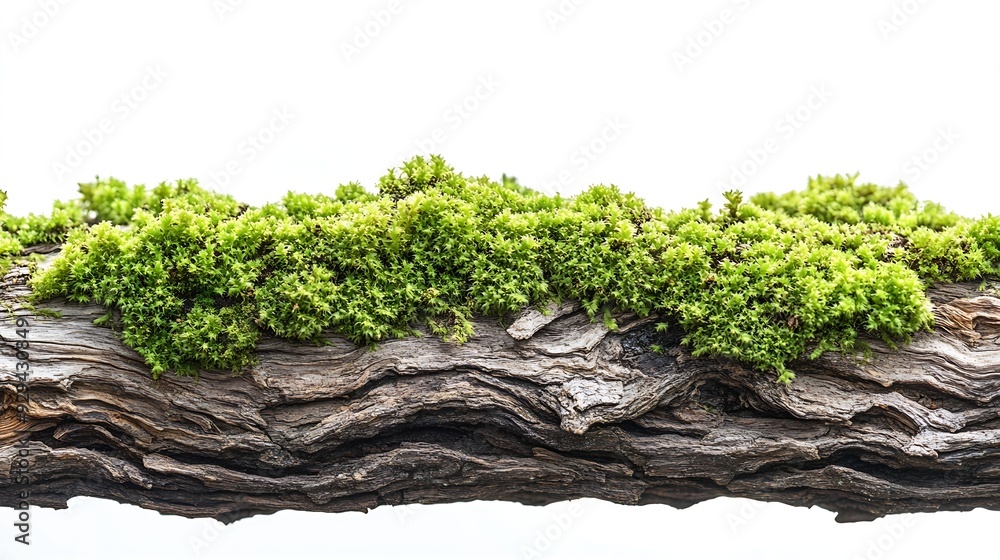 Poster fresh green moss on wet tree bark isolated on white side view : generative ai