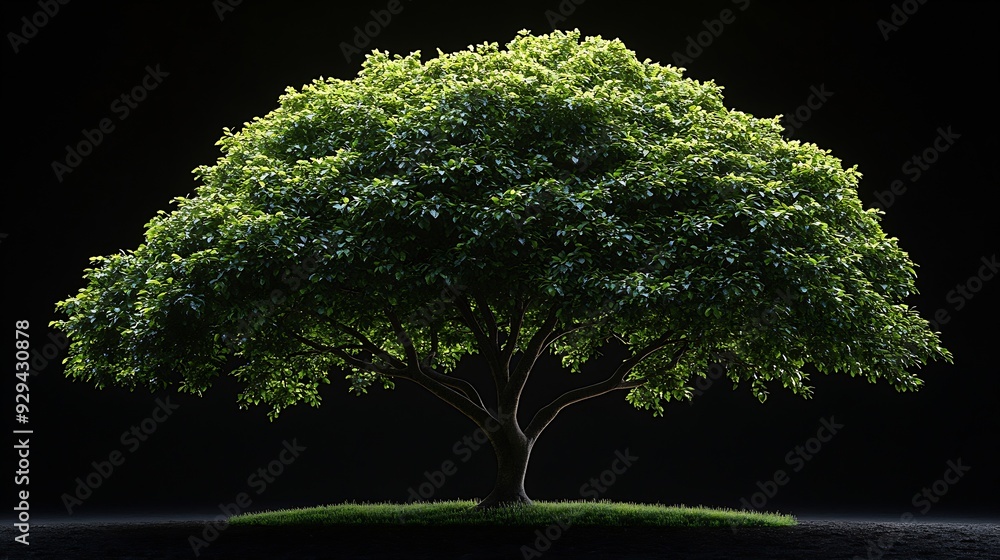 Poster Single green tree isolated on white background with clipping path and alpha channel on black background : Generative AI