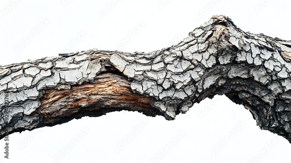 Poster dry branch of big dead tree with cracked dark bark stem beautiful old tree isolated on white backgro