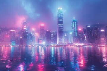 Fototapeta premium futuristic cityscape at night towering skyscrapers adorned with pulsating neon lights reflecting in still waters below creating surreal urban dreamscape