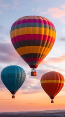 Naklejka premium Colorful hot air balloons soaring in a picturesque sunset sky, creating a vibrant and serene atmosphere for adventure.