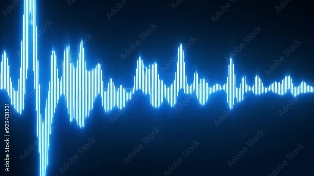 Poster Visual representation of sound waves in blue, showcasing audio frequencies with varying amplitudes against a dark backdrop.