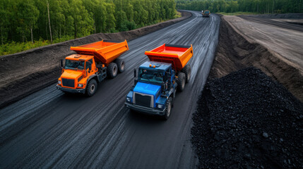 Fototapeta premium Two large dump trucks hauling materials on a mining road, showcasing industrial transportation and heavy-duty construction equipment.