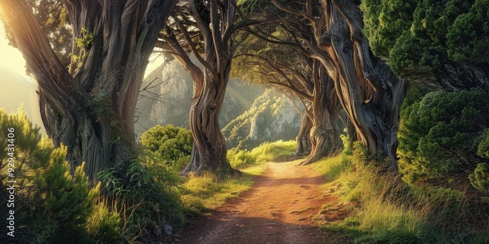 Poster scenic mountain path lined with towering ancient trees